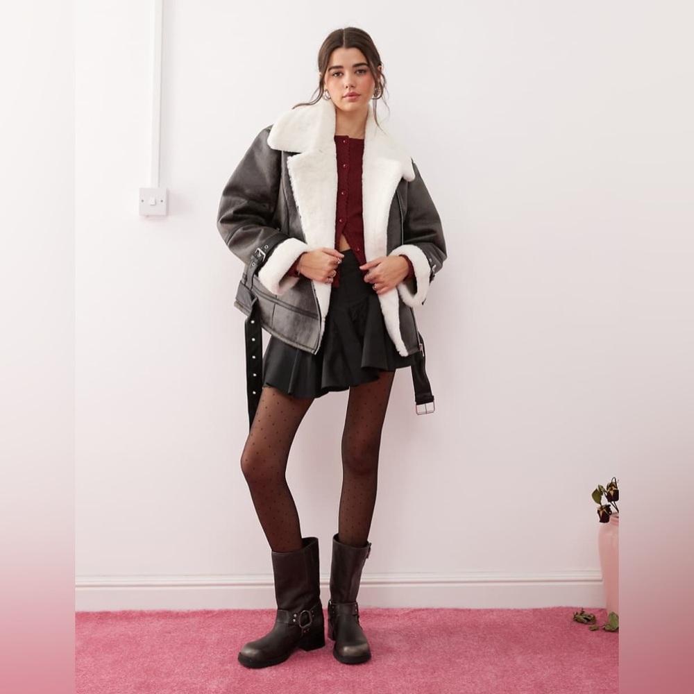 miss selfridge — distressed faux leather contrast aviator jacket